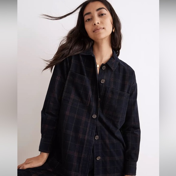 NWT Madewell Corduroy Plaid Oversized Shirt Jacket, Navy - Picture 2 of 5